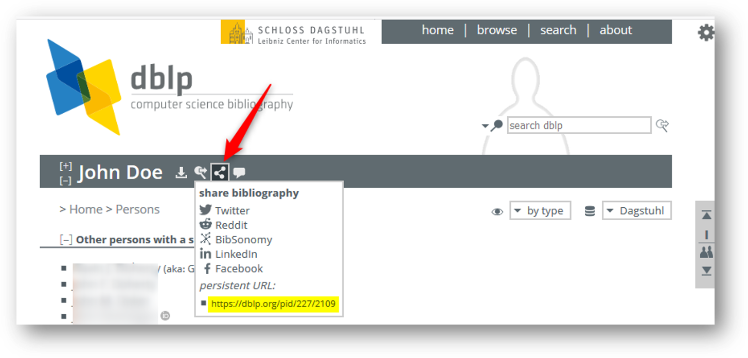 find a persistent URL in share bibliography dropdown menu, next to your name